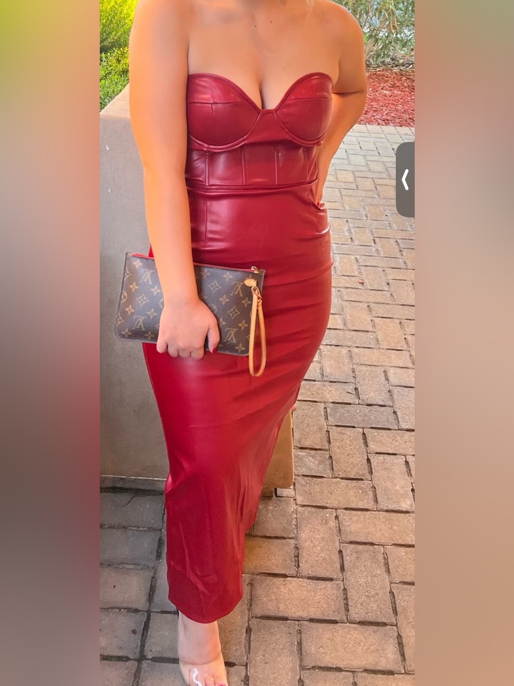 Fashion Nova Burgundy Faux-Leather Strapless Midi Dress